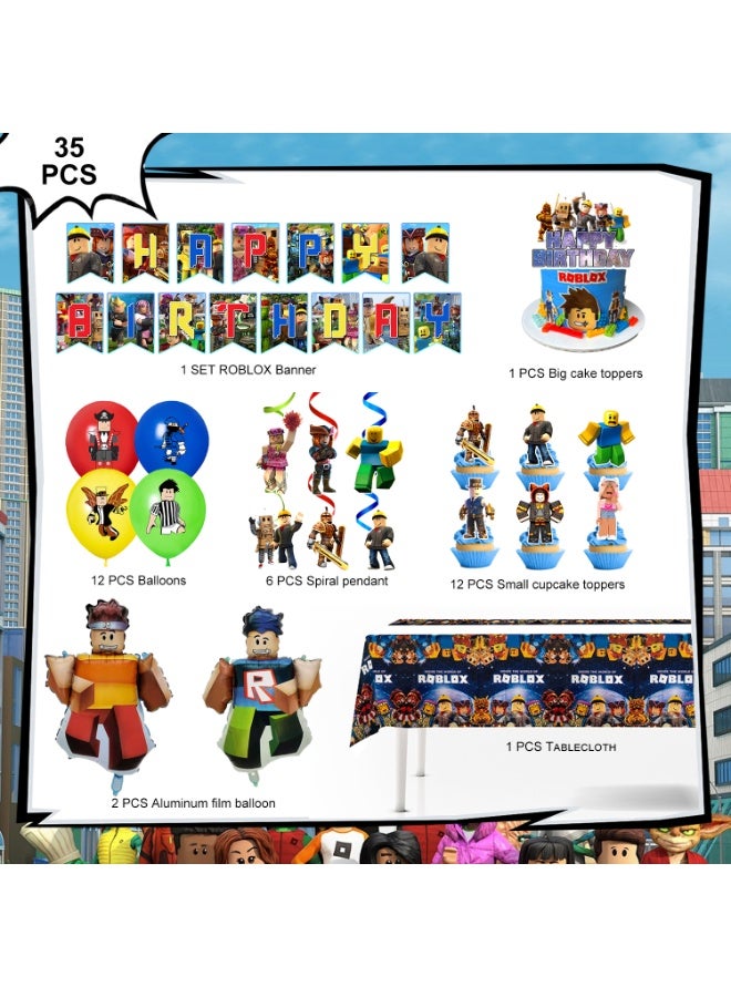 ILovhaprty Roblox Birthday Party Decorations, 35pcs Roblox Decoration Set - Roblox Balloons Banner Tablecloth Cupcake Toppers etc Roblox Birthday Party Decoration Supplies - Image 2